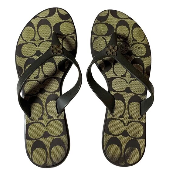 COACH C Signature Black Gold Sandal Slippers 5.5 - Picture 1 of 7